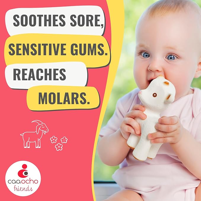 CaaOcho Pure Natural Rubber Teething Baby Toy - Sola The Goat Teether for Babies, BPA Free Baby Toy, All Natural Teething Toys for Babies 0-6, Safe and Fun Molar Teether Toy