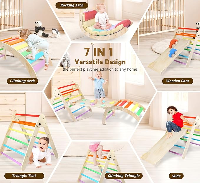 Triangle Climbing Set, 7 in 1 Wooden Climbing Toys for Toddler 18 Months-3 Years Inside, Foldable Colorful Montessori Jungle Gym, Pikler Triangle Toddler Indoor Playground with Cars Arch Ramp Ladder