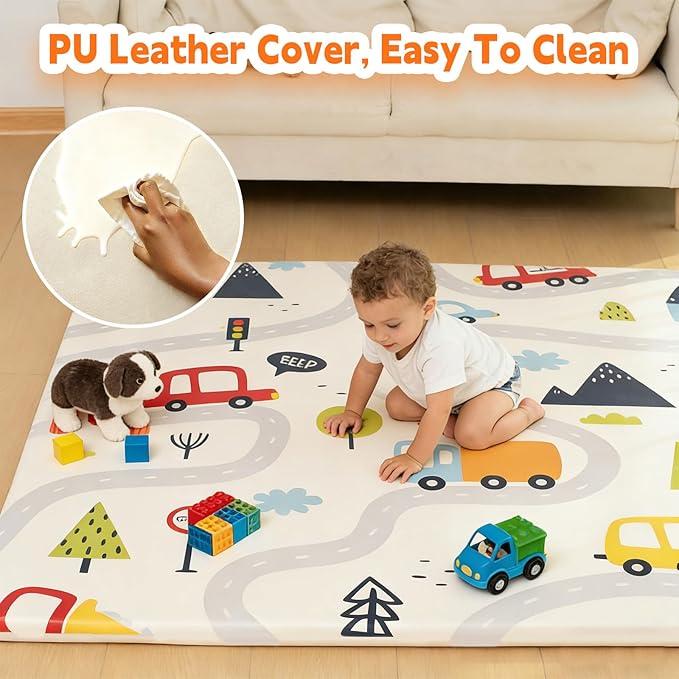 1.3" Thick Baby Play Mat for Floor，50x50 PU Leather Playpen Mat for Toddlers Infant Kids,Ultra Soft Support Cushioned & Waterproof Playmat for Baby,Non-Slip Backing Safe for Crawling/Car Pattern