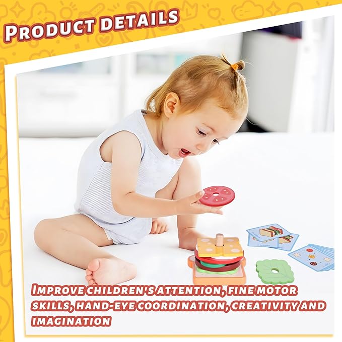 LovesTown Wooden Sandwich Stacking Toys for Kids, Preschool Learning Toys with Cards, Montessori Educational Playset