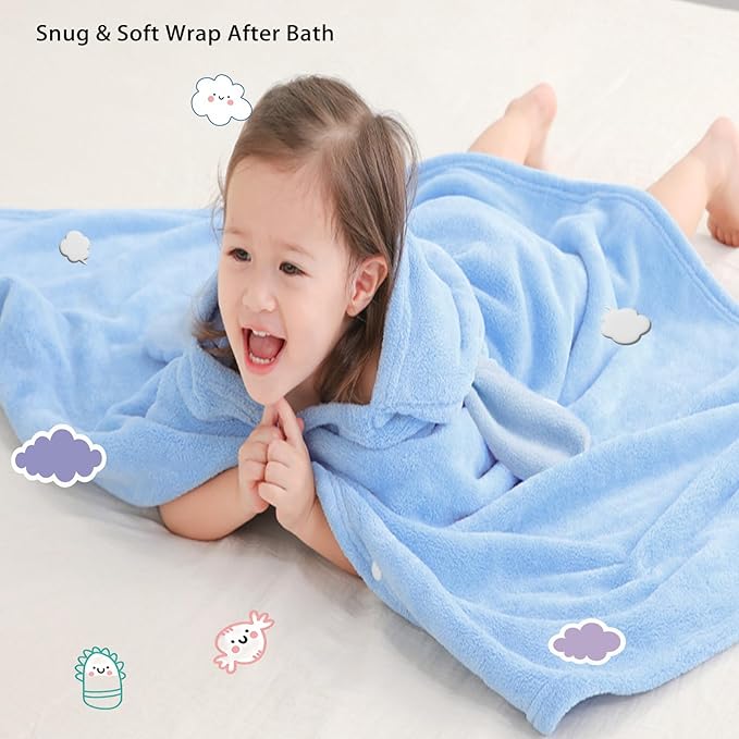 Toddler Baby Bath Towel with Hood 27.5"X55" Ultra Absorbent Soft Cozy Comfort Bathrobe Blanket, 0-6 Years Infant Shower Towel for Girls & Boys(Sky Blue)
