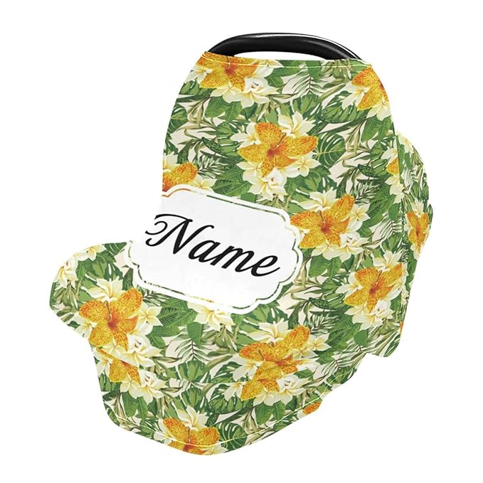 Personalized Baby Car Seat Covers with Name, Customized Carseat Cover for Babies, Infant Carrier Cover Stroller Canopy, Nursing Cover Breastfeeding Scarf for Newborn Boys Girls, Tropical Flower