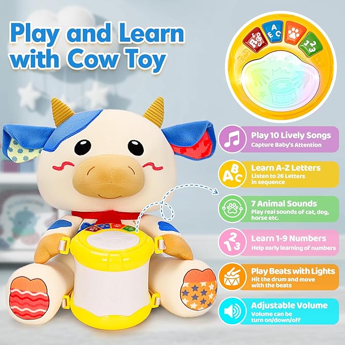Hodurgyi Baby Toys 6-12 Months, Cow Musical Plush with Lights, ABCs, Animal Sounds, Numbers, Infant Early Learning Toy,Christmas Birthday Gifts for 6+ Month Boys &Girls