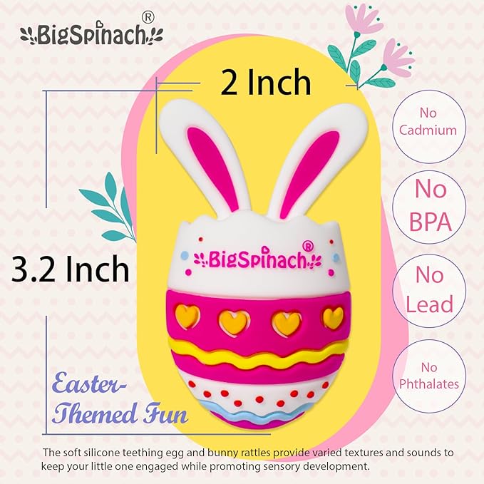 BIGSPINACH Easter Egg Baby Teether,Baby Teething Toy for Pain Relief,Silicone Bunny Rabbit Teether,Easter Gift for Babies,Sensory Toy for Boys & Girl (Rose Pink)