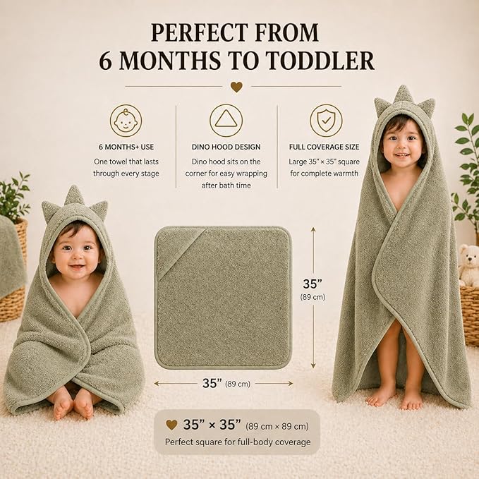 Turkish Cotton Organic Hooded Towels - Certified Organic Cotton , Luxurious Turkish Organic Cotton, Plush Towels for Newborn (Bath Towels Baby Dino, 35×35" — Baby/Toddler Size (6 months–Toddler))