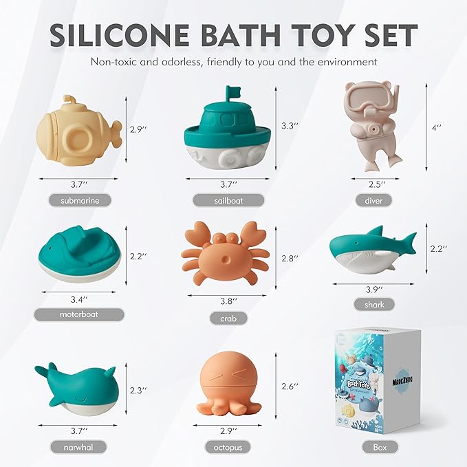 MarcZero Ocean Silicone Bath Toys 8Pcs for Toddlers Kids Babies,Bathtub Water Toys,Soft Squeezable Easy-Grip Pool Toys Set (Green)
