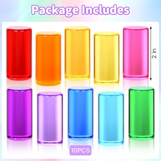 10 PCS Rainbow Acrylic Blocks, Crystal Lucite Gem Cubes for Kids, Highly Transparent Colored Acrylic Cylinder Building Blocks, Educational Sensory Learning Toys