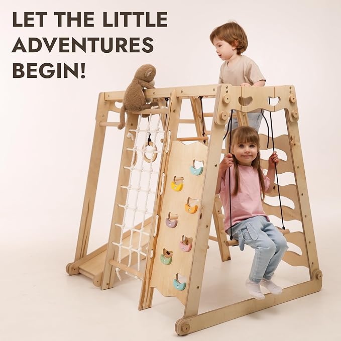 Goodevas Improves 9-in-1 Indoor Climbing Frame for Kids, Montessori Climbing Frame with Slide, Swing, Climbing Wall, Climbing Triangle - Playground for Nursery