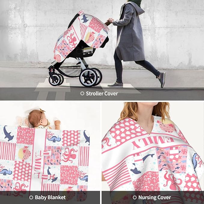 Personalized Minky Car Seat Canopy for Girl Boy, Custom Name Stroller Car Seat Covers Cover for Infant Newborn Shower Gift, Nursing Opening Carseat Cover for Breastfeeding, Ocean Theme Pink