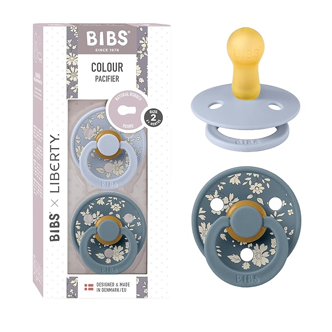 BiBS Liberty Pacifier 2-Pack, BPA Free Pacfiers with Natural Latex Round Nipple, Made in Scandinavia, Size 2 (6-18 Months), Capel Dusty Blue