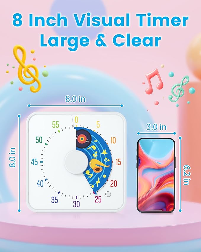 BellMan 8 Inch Large Visual Timer for Kids and Adults, Non-Ticking Visual Countdown Timers with 5 Music Alarm for Classroom Desk Countdown Clock with Magnetic Backing (White)
