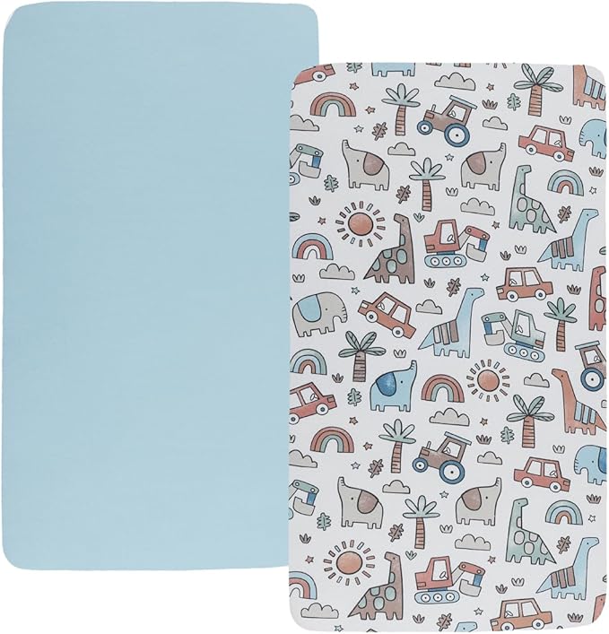 Pack n Play Sheet Stretchy Fitted Portable Mini Crib Sheets Set 2 Pack,Playard Sheets Convertible Playard Mattress Cover,Ultra Soft Jersey Material, Light Blue & Car