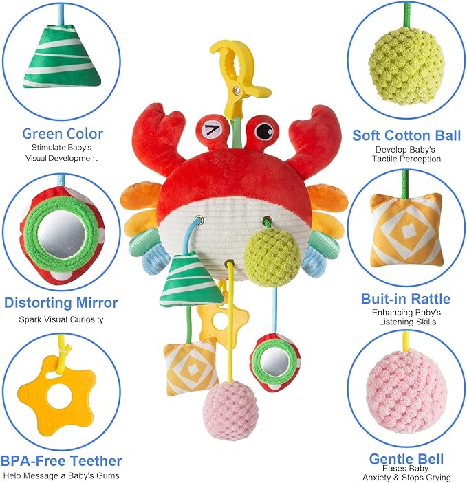 Lynncare Car Seat Toy for Babies 0-6 Months, Stroller Toy with a Convenient Clip, Carseat Toys Hanging Baby Accessories,Built-in Bell, Rattle,Mirror for Infant,Babies Gift 0-3-6-12 Months Boy Girl