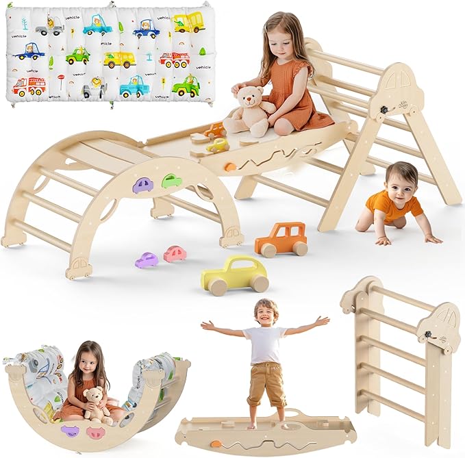 Pikler Triangle Set with Cushion 9 in 1 Foldable Montessori Climbing Toys for Toddlers 1-3 Indoor Wooden Kids Playground Baby Climbing with Maze Toys, Shape Sorter Toys, Car