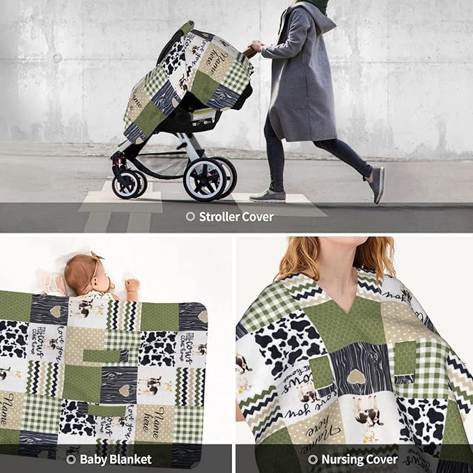 Personalized Cow Plaid Baby Infant Car Seats Canopy for Babies with Name, Custom Multi-use Blankets for Baby Boys Girls, Peekaboo Minky Nursing Breastfeeding Stroller Cover Canopies for Newborn