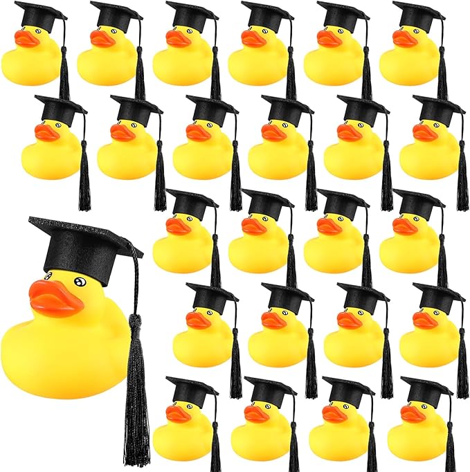 Lenwen 24 Pcs Graduation Rubber Ducks with Grad Cap Mini Rubber Duckies Gifts Bulk for Graduation Party Favors Decoration(Black Grad Hat)