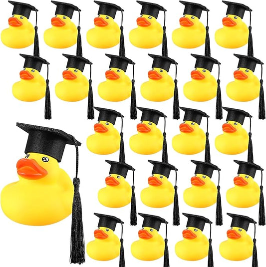 Lenwen 24 Pcs Graduation Rubber Ducks with Grad Cap Mini Rubber Duckies Gifts Bulk for Graduation Party Favors Decoration(Black Grad Hat)