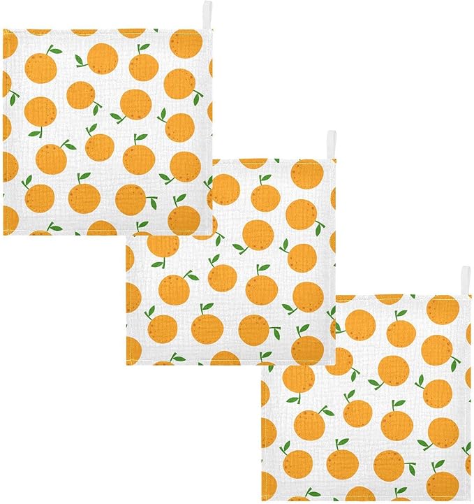 vvfelixl Baby Washcloths Cotton Cartoon Oranges Baby Muslin Washcloths Soft Baby Face Towel for Newborn Infants Baby Wipes, 11.8 X 11.8 Inch, 3 Pack White