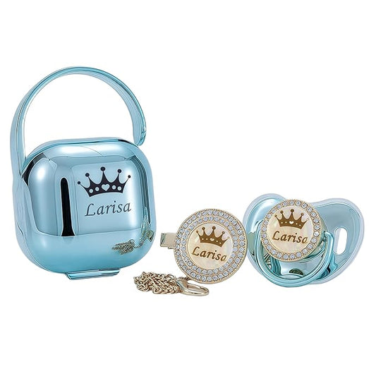 Personalized Bling Pacifier Box and Pacifier Set Unique Gift to New Bron Baby Baby Shower Gift (Gold Blue)
