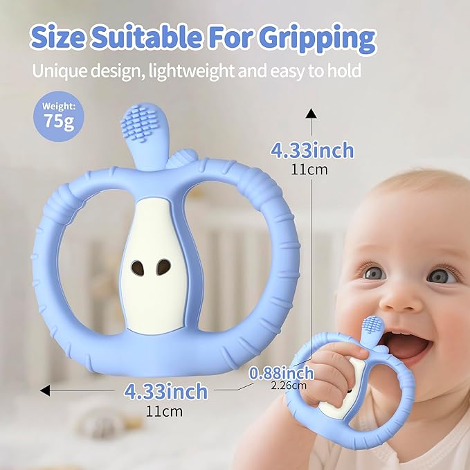 Vibrating Teether for Baby with Remote Control - Chewy Sensory Toy for Teething & Autism, 10-Speed Vibration Modes, USB Rechargeable, Food Grade Silicone Teether for Sensory Seekers (Blue)