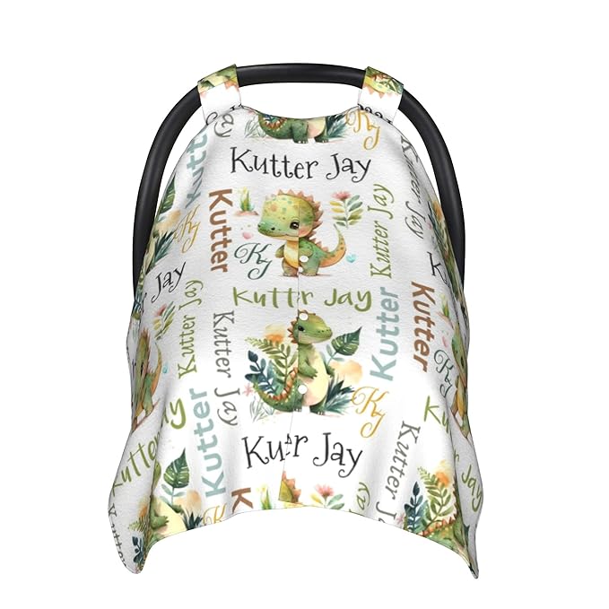 Personalized Winter Carseat Cover for Baby Custom Name Dino Car Seat Canopy for Newborn Baby Boys Girls 2 in 1 Mom Nursing Breastfeeding Covers Dinosaur Minky Baby Carrier Stroller Covers
