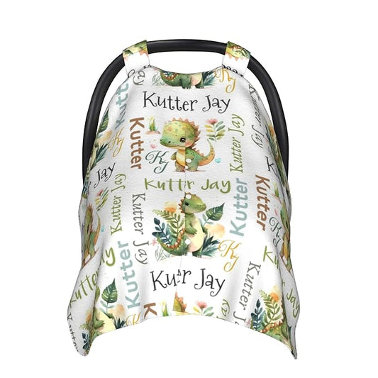 Personalized Winter Carseat Cover for Baby Custom Name Dino Car Seat Canopy for Newborn Baby Boys Girls 2 in 1 Mom Nursing Breastfeeding Covers Dinosaur Minky Baby Carrier Stroller Covers
