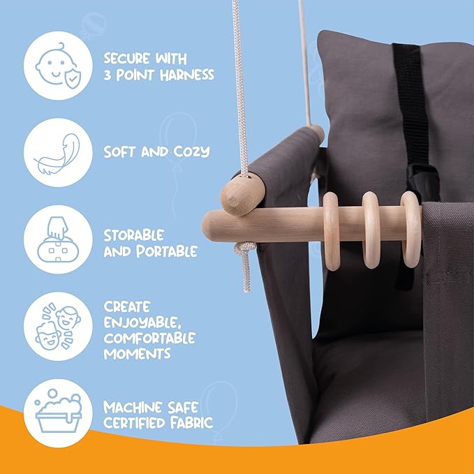 Indoor Outdoor Baby Swing with 3-Point Harness and Hardware for Ceiling, Porch, Doorway, Canvas Toddler Swing Seat Dark Gray
