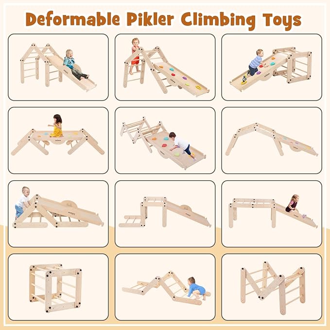 INFANS 12 in 1 Climbing Toys for Toddlers, Upgrade Wooden Montessori Foldable Triangle Climber Set with Reversible Ramp Slide Ladder Seesaw, Indoor Pikler Climb Activity Jungle for Kids Age 3+