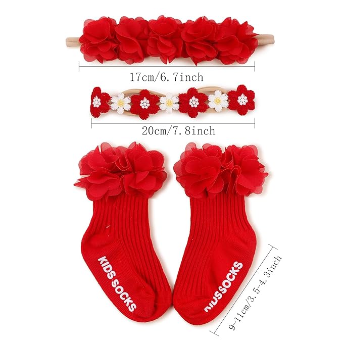 cherrboll Baby Girl Headbands and Socks Set, 3Pcs Soft Floral Hairbands Hair Bows Knit Socks for Newborn Infants Toddlers Photography Props Gifts