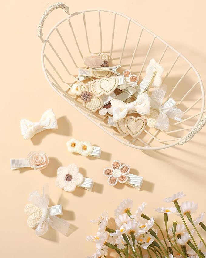 Jollybows 20Pcs Baby Bow Clips Toddler Hair Clips Baby Girl Hair Clips Fully Covered Barrettes Bows, Hearts, Flowers, Bunnies Clips for Hair Accessories for Babies and Kids