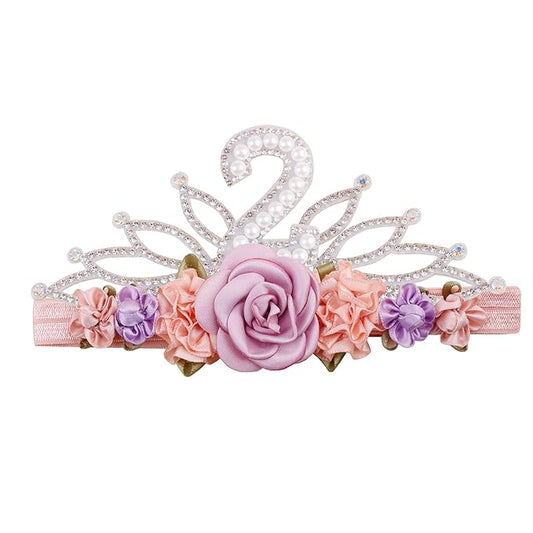 cherrboll Flower Headband Birthday Crown for Girl, Floral Nylon Hairband for 1-3 Years Old Toddler, 2nd Birthday Party Dress Photo Decoration Hair Accessory