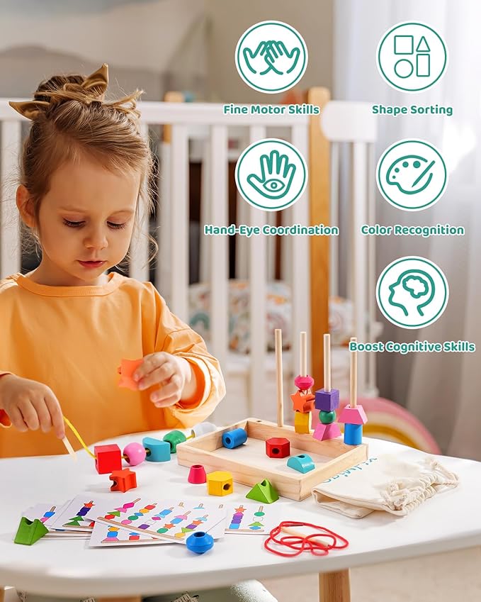 Montessori Toys for 3 Year Old, Stacking Toys for Toddlers, Stacking Blocks, Lacing Beads, Matching Shape Preschool Toys, Montessori Toys for 3 4 5 Year Olds with Canvas Storage Bag
