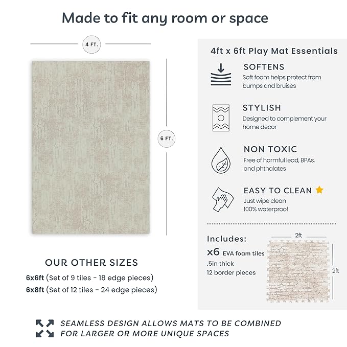 Little Landings Baby Play Mat for Floor - Sandstone (4x6ft) - Premium EVA Foam Play Mat for Babies & Toddlers (Ages 0-5+) Non-Toxic Playmat for Tummy Time, Crawling & Playroom - Stylish & Comfortable