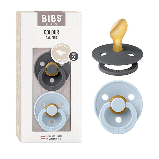 BIBS Pacifiers 6-18 Months | 2-Pack Soothers | Anatomical Nipple | BPA-Free Natural Rubber | Made in Denmark | Iron/Baby Blue Colour Pacifier