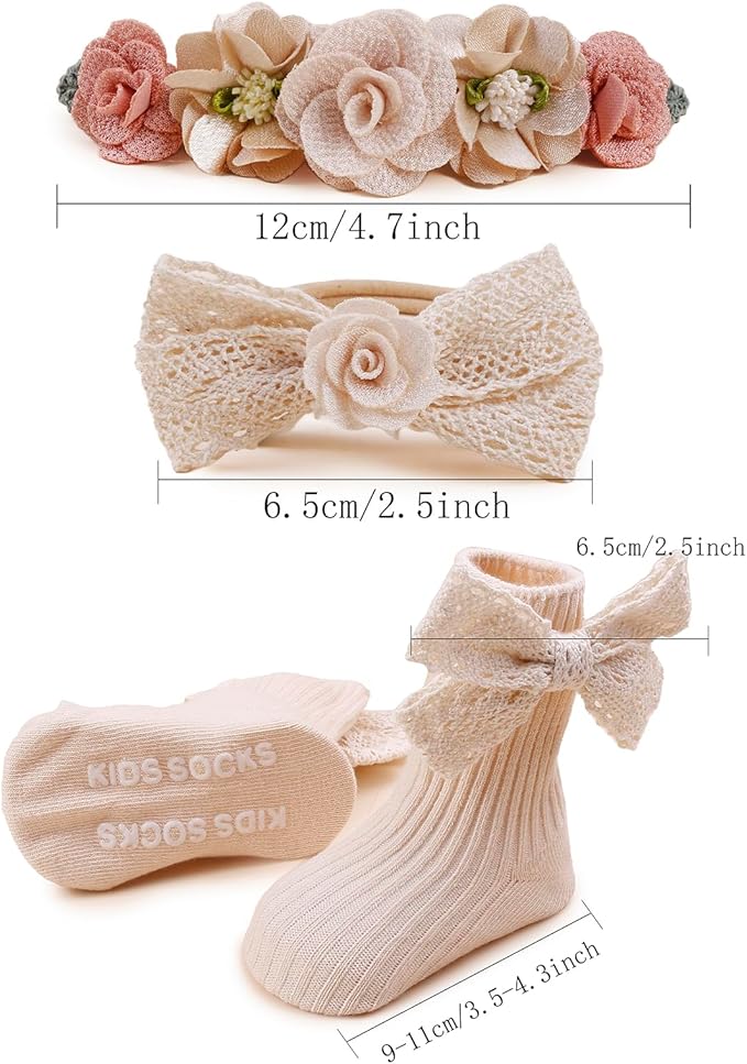 Baby Girls Headband & Socks Set, Cute Socks with Flower Hair Bows Baby Accessories Gifts for Newborn Infant Toddler