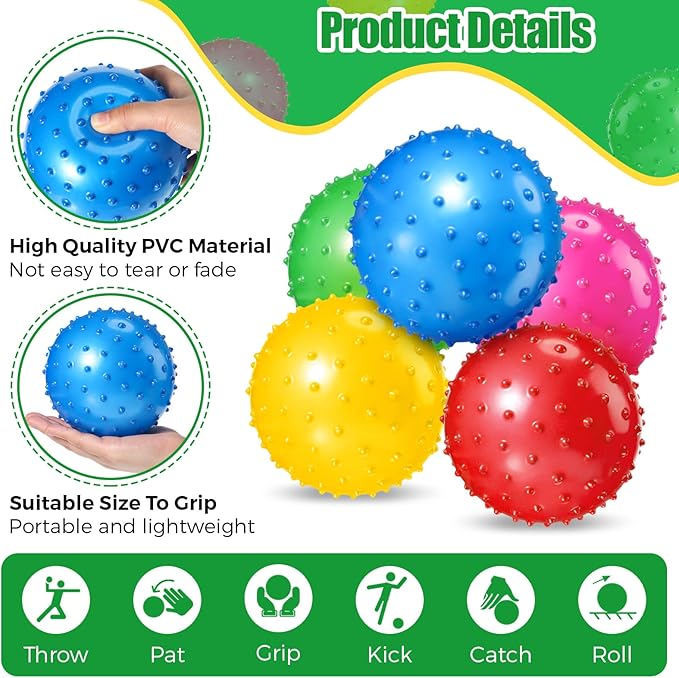 Jexine 150 Pcs 6.3 Inch Knobby Balls Bulk Spiky Bounce Ball Sensory Balls with Air Pump Small Inflatable Bouncy Balls Soft Bounce Party Favors for Kids Baby Massage Stress Play Set, 5 Assorted Colors