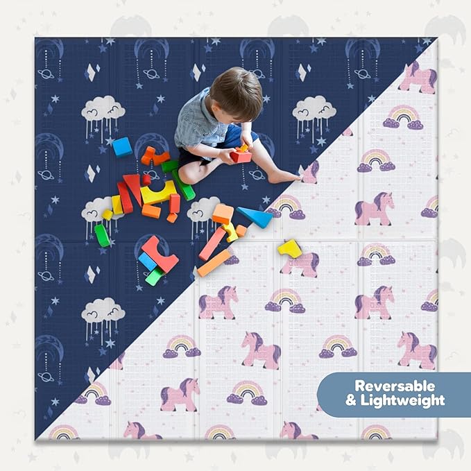Motherly Haven 79x71 Foldable Baby Play Mat for Floor, Extra Large Reversible Foam Play Mat for Babies 6-12 Months, Waterproof Portable Foam PlayMat for Tummy Time for Toddler - Unicorn and Clouds