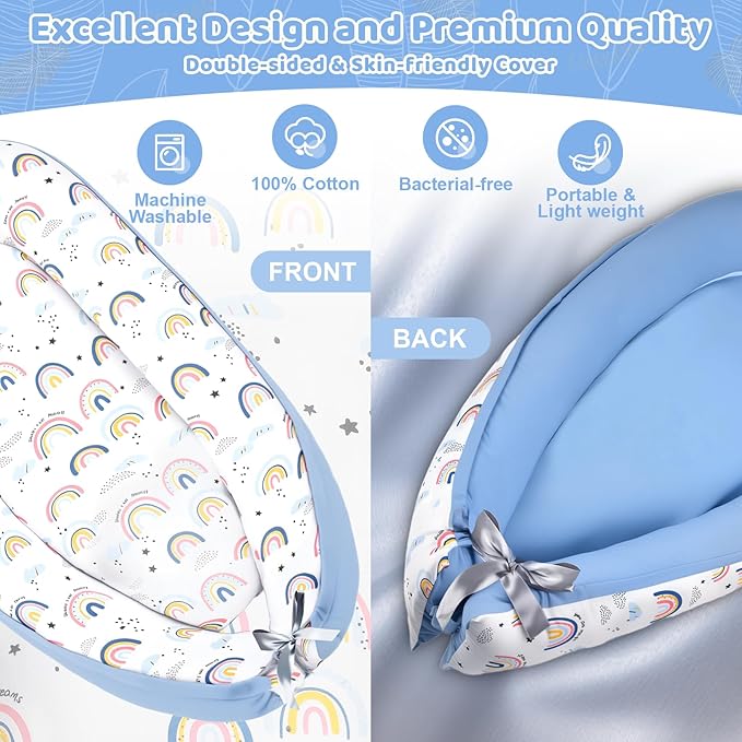 Baby Lounger, Baby Lounger for Newborn 0-24 Months, Premium Soft & Breathable Infant Lounger, Pure Cotton Baby Nest for Boys & Girls, Portable Newborn Lounger for Travel and Home.