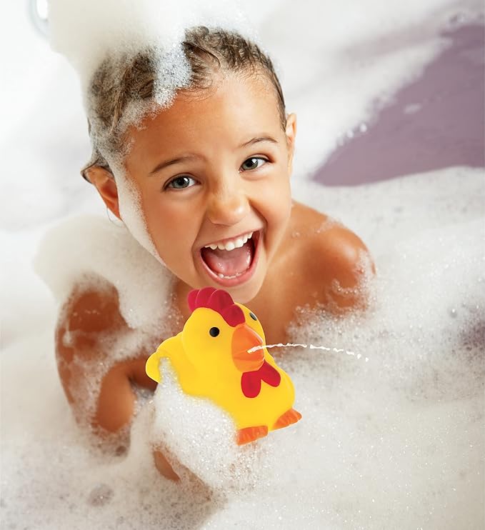 DolliBu Rooster Bath Buddy Squirter - Floating Yellow Chicken Rubber Bath Toy, Fun Water Squirting Bathtime Play For Toddlers, Cute Farm Barn Animal Toy For The Bathtub, Beach, & Pool for Girls & Boys