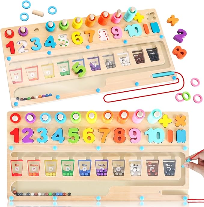 3 in 1 Montessori Toys for 3+ Year Old, Education Toys for Preschool Learning Activities, Wooden Magnetic Color and Number Maze, Sorting Counting Color Matching Toddler Puzzle