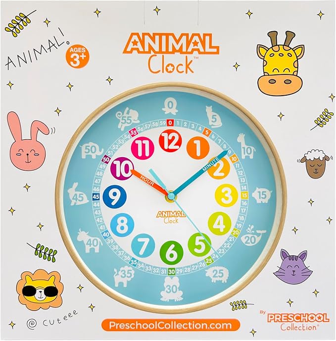 Animal Preschool Clock - Time Teacher 10 Inch Educational Silent Wall Clock with Wood Look Frame - Easy to Read Dial for Teacher's Classrooms, Preschooler's Bedroom & Children Playroom
