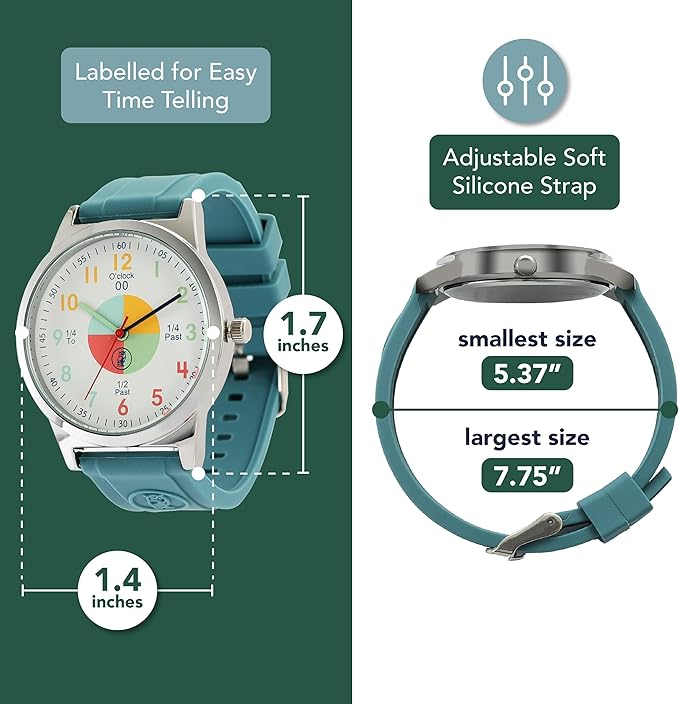 OWLCONIC Telling Time Teaching Clock - Bundled with Kids Watch. Learn to Tell Time Resources. Teal