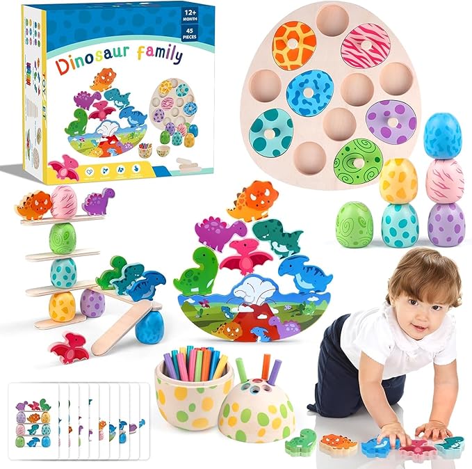 Aliex 4 in 1 Montessori Dinosaur Toys 12+ Months Boys Girls, Wooden Blocks Stacking Balance Toys Stick Color Sorting Egg Puzzles Matching Game,Preschool Education Learning Gift for Toddlers 1 2 3 4