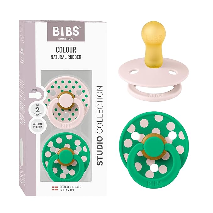BIBS Polka Dots Pacifier 2-Pack, BPA Free Pacifiers with a Round Latex Nipple, Made in Scandinavia, Size 2 (6-18 Months), Petal/Cactus