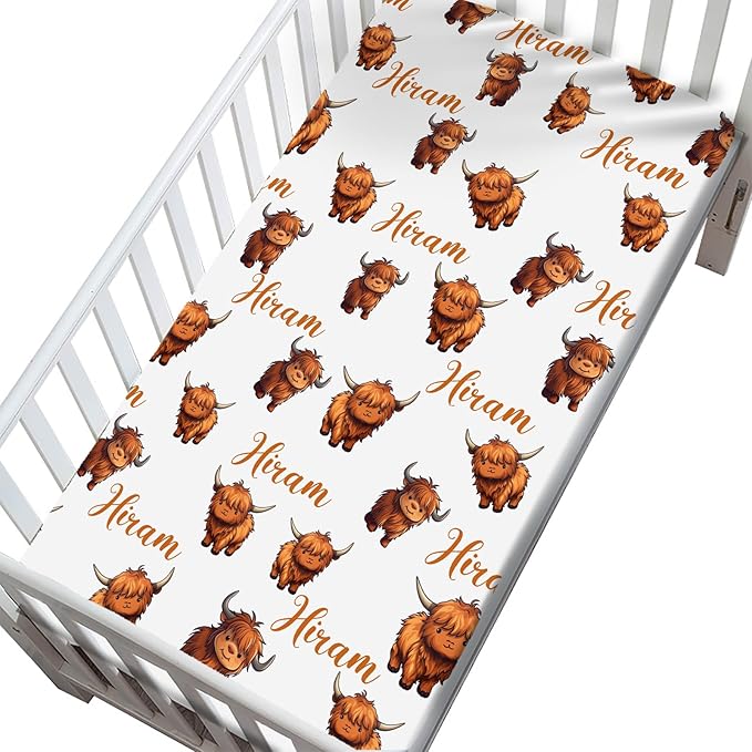 Personalized Monogram Name Mini Crib Sheet for Baby Girls Boys, Customized Highland Cow Cattle Pack and Play Sheets, Multiuse Sheet for Pack & Play, Playard, Playpen, Mini Crib Mattress