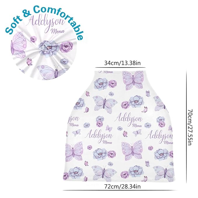 Personalized Baby Car Seat Cover for Girls, Custom Purple Butterfly Nursing Covers for Breastfeeding with Name, Infant Stroller Cover, Baby Carseat Canopy for Newborn, Multiuse Car Seat Canopies
