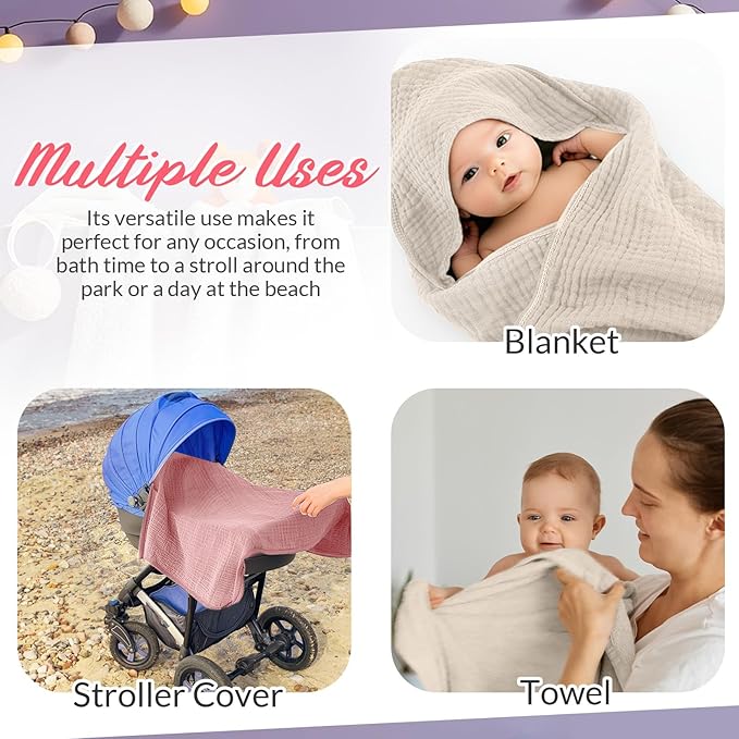 Hahafelt 6 Pcs Muslin Hooded Bath Towels Washcloths and Bibs Set, Muslin Cotton Baby Towels Absorbent Hooded Blanket Towel Infant Bibs for Boys Girls Newborn Infant Essential(Pink, Brown)