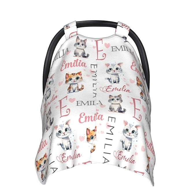 Custom Baby Car Seat Canopy Personalized Car Seat Covers with Name for Baby Boys Girls Customized Cat Nursing Breastfeeding Cover Infant Carseat Canopies Newborn Minky Baby Blanket
