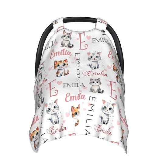 Custom Baby Car Seat Canopy Personalized Car Seat Covers with Name for Baby Boys Girls Customized Cat Nursing Breastfeeding Cover Infant Carseat Canopies Newborn Minky Baby Blanket