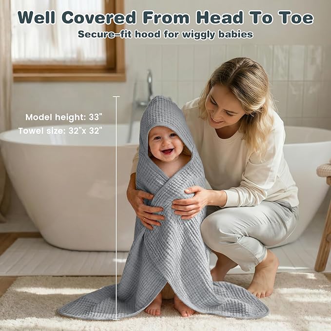 Hooded Baby Bath Towels for Newborn, 2 Pack - 6-Layer 100% Muslin Cotton, Soft Absorbent Baby Towels with Hood for Babies, Infants & Toddlers, Large 32x32 Inch Unisex Newborn Baby Bath Essentials